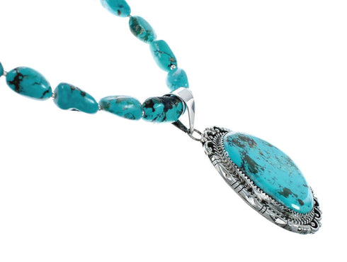 Navajo Turquoise Sterling Silver Bead Necklace And Pendant Set X10850